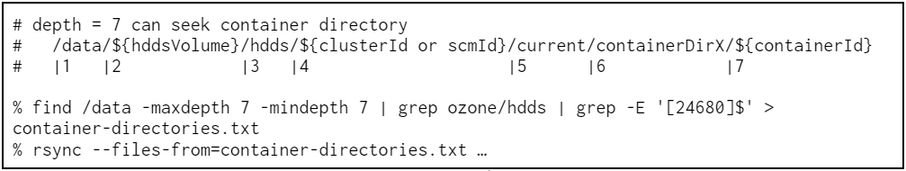 Fig. 5: An example of filtering target containers and transferring them with rsync